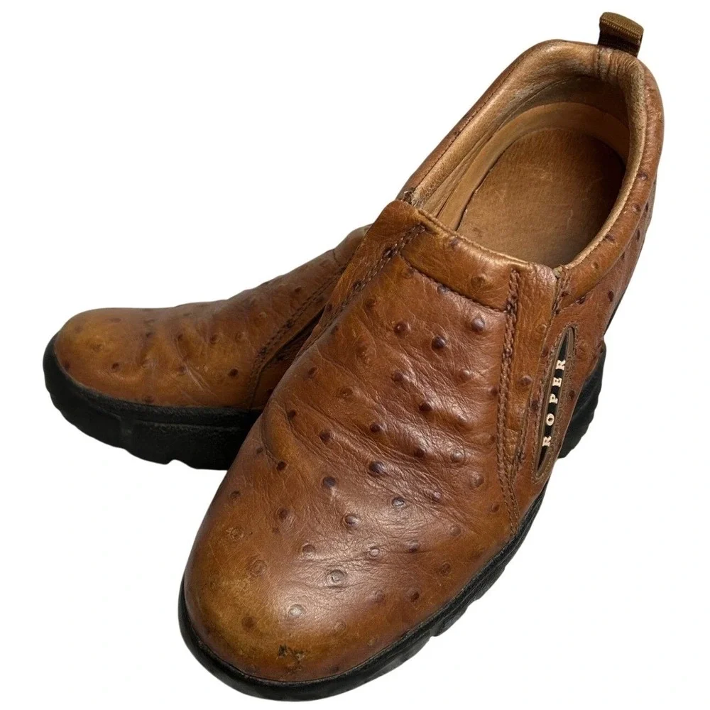 Roper Performance Ostrich Print Slip On Shoes Brown Leather Loafers Women Sz 7.5